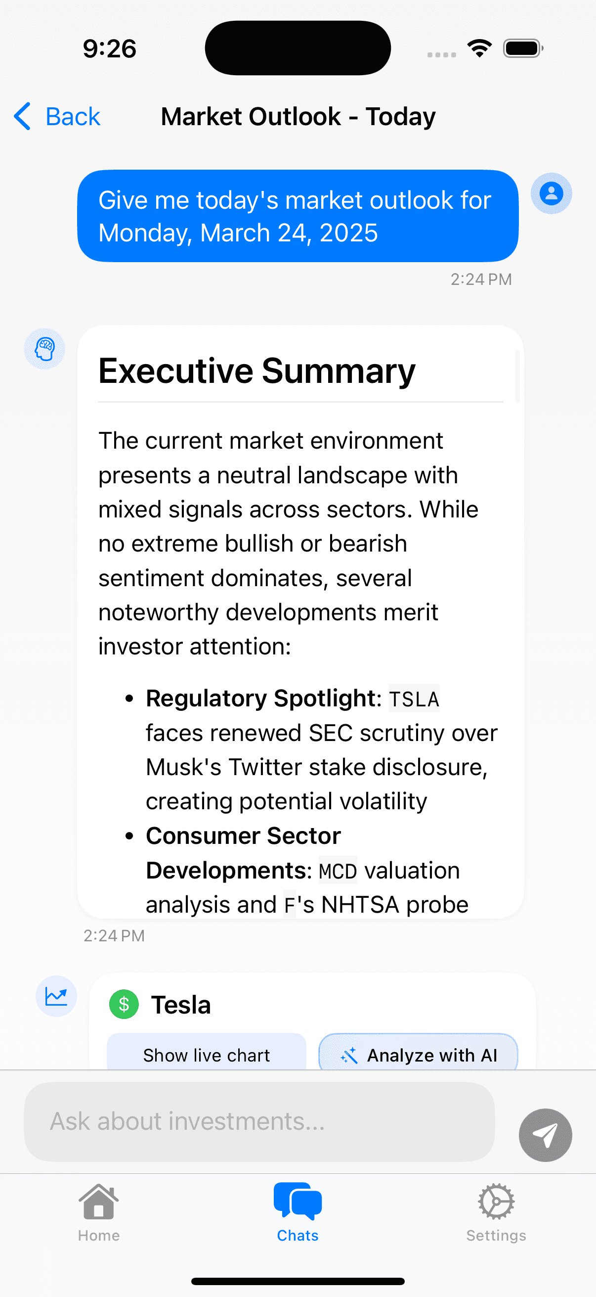 Market Outlook chat with executive summary and context