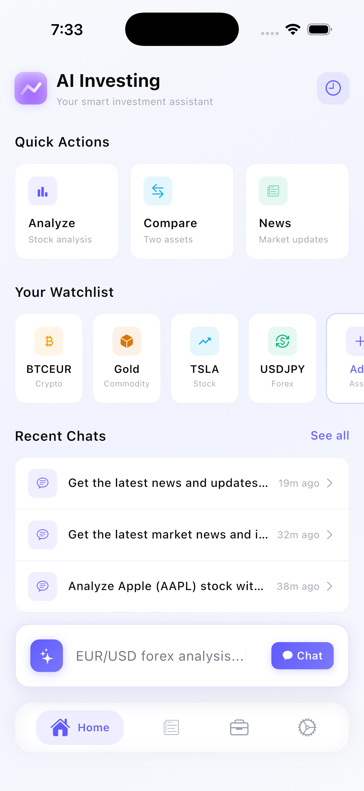 Pantalla de inicio de la app AI Investing — asistente de inversión con lista de seguimiento, acciones rápidas y chats recientes