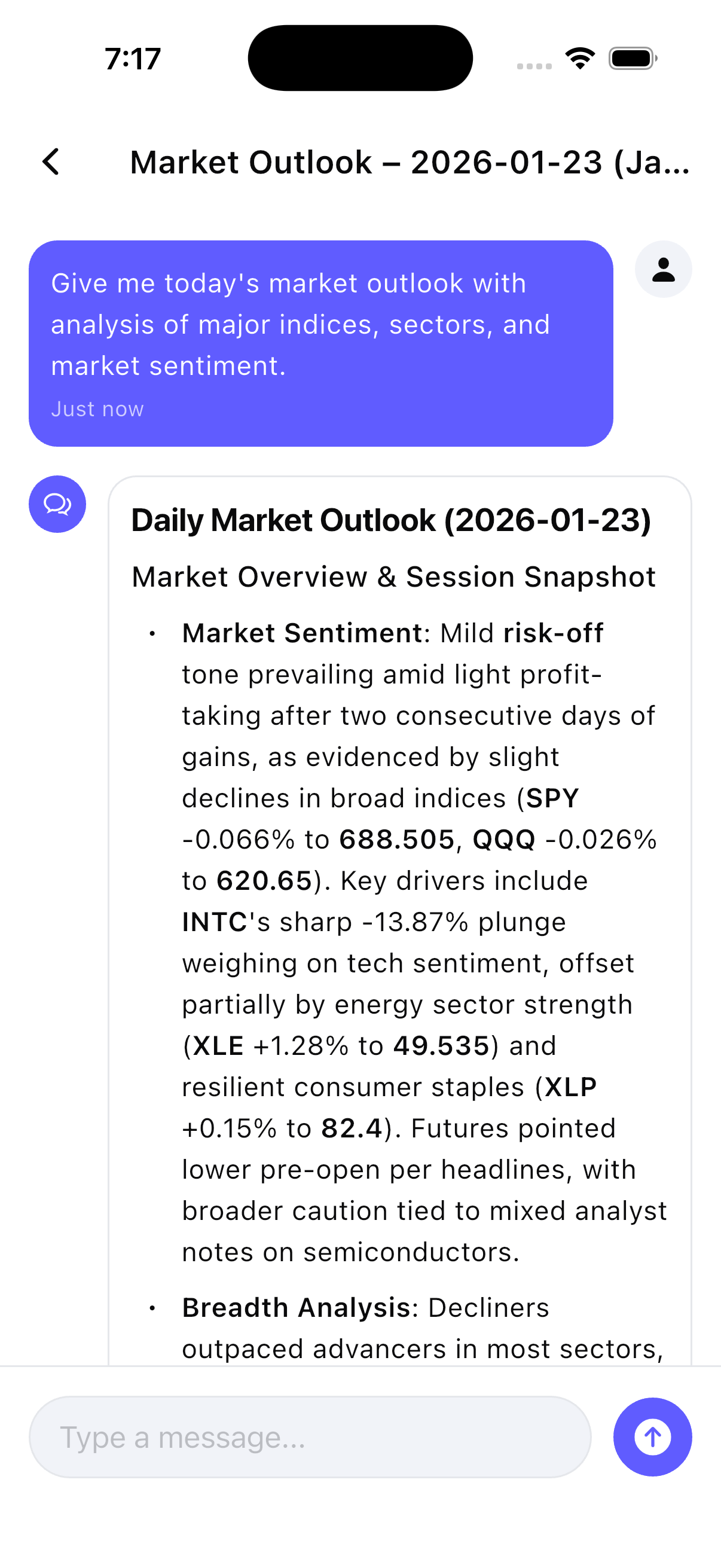 Panorama diario del mercado en AI Investing con sentimiento de mercado, movimientos de los índices y análisis de amplitud